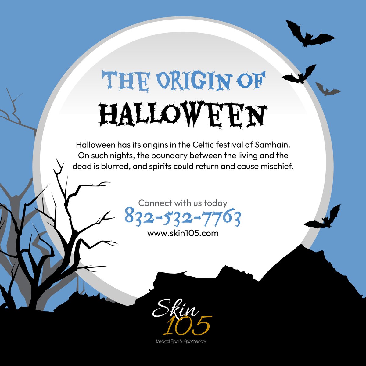 Did you know? To ward off the evil spirits, the Celts lit bonfires and wore costumes made of animal skins and heads. They also practiced divination and fortune-telling.

#HappyHalloween #SugarLandTX #Trivia #MedicalSpa #CelticFestival