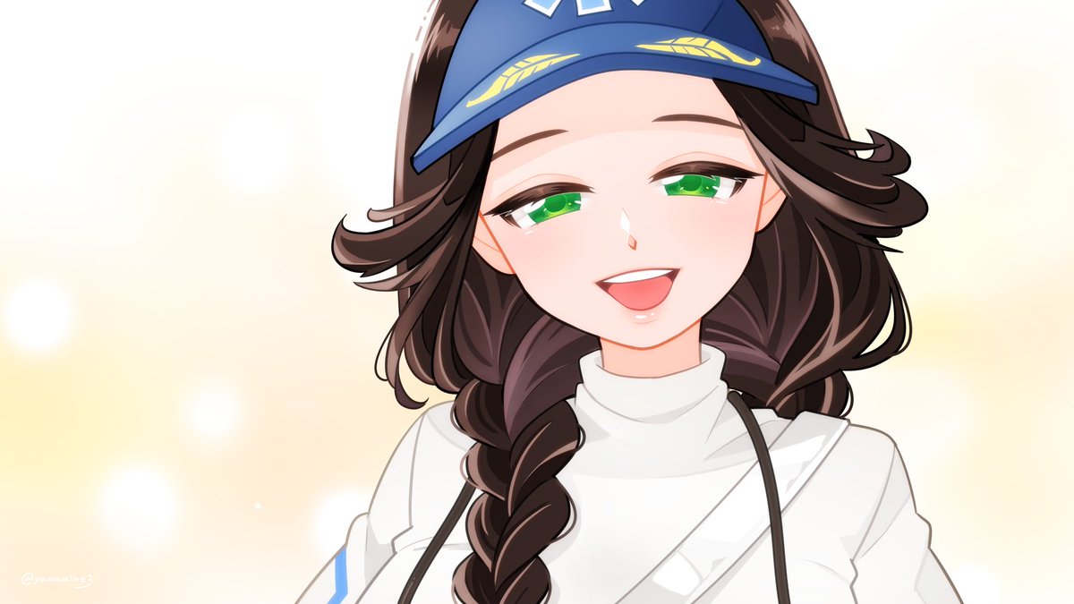 1girl green eyes solo braid blue headwear smile open mouth  illustration images