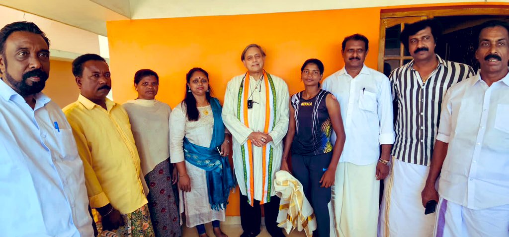 ShashiTharoor's tweet photo. Visited the home of athlete Sheeba Stephen, a humble fisherman’s daughter who excelled at the State Inter-School sports, emerging as a double Gold Medal winner in both the long jump and  high jump events. Proud to honour her for triumphing against all odds. https://t.co/jMl8yDLpoq