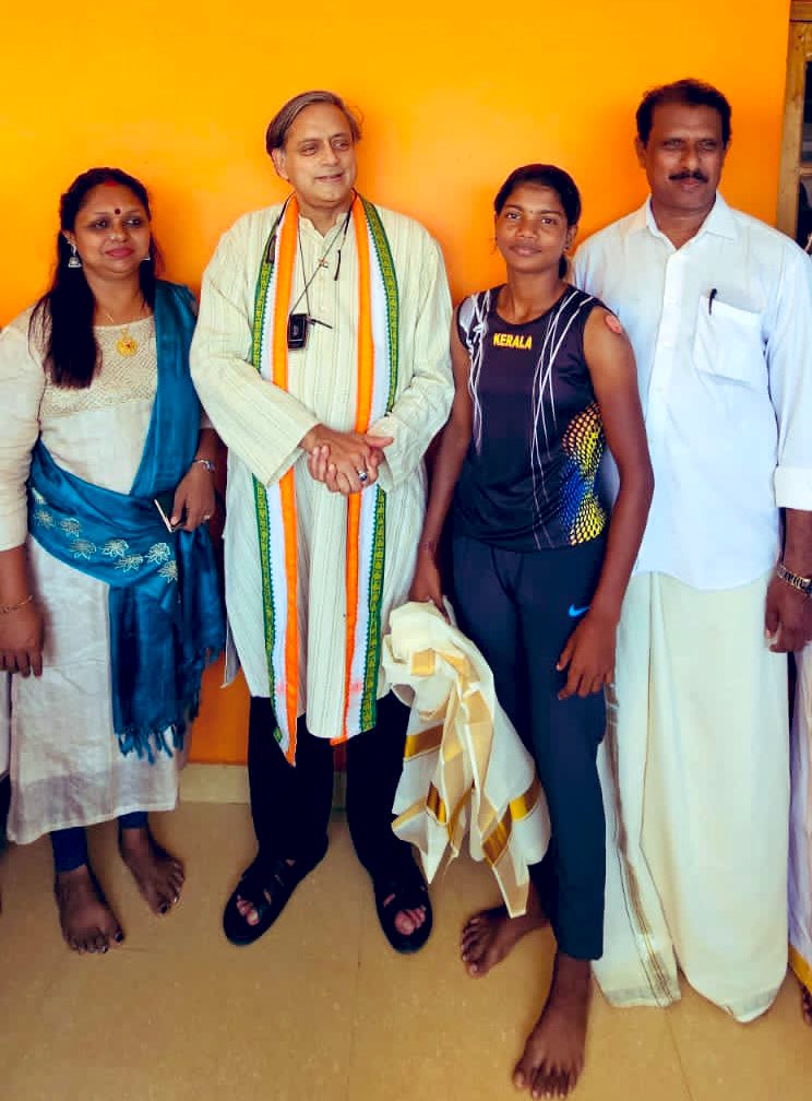 ShashiTharoor's tweet photo. Visited the home of athlete Sheeba Stephen, a humble fisherman’s daughter who excelled at the State Inter-School sports, emerging as a double Gold Medal winner in both the long jump and  high jump events. Proud to honour her for triumphing against all odds. https://t.co/jMl8yDLpoq