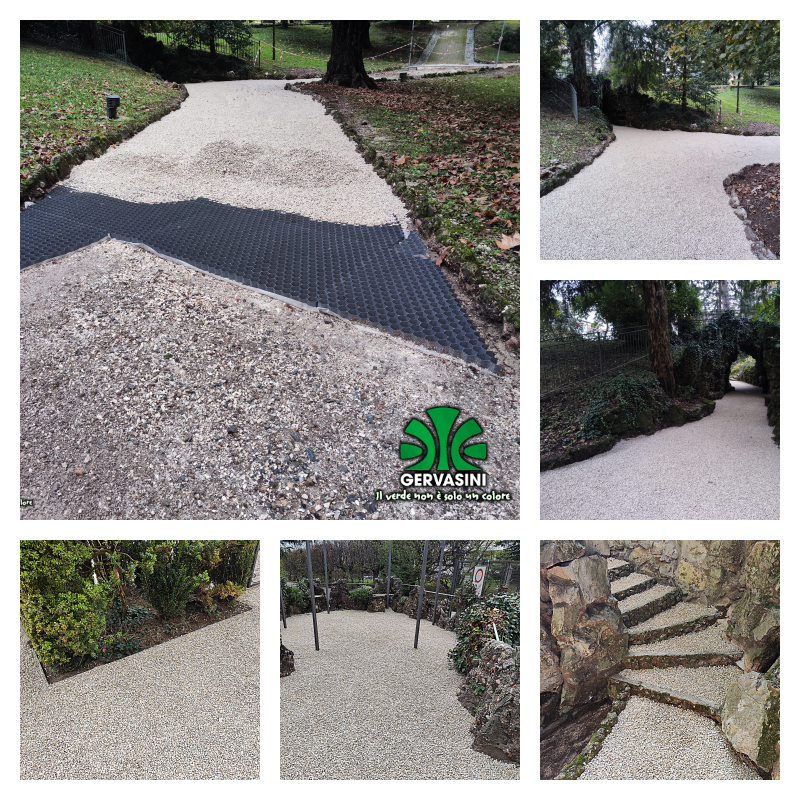 Parco Villa Recalcati – Varese. Fornitura e posa stabilizzatore di ghiaia GRAVELFIX®, struttura a nido d’ape, con fondo in geotessile a salvaguardia da erbe infestanti in polipropilene 100% riciclabile, riempito con pietrisco 8/11 di calcestre. #verdepubblico