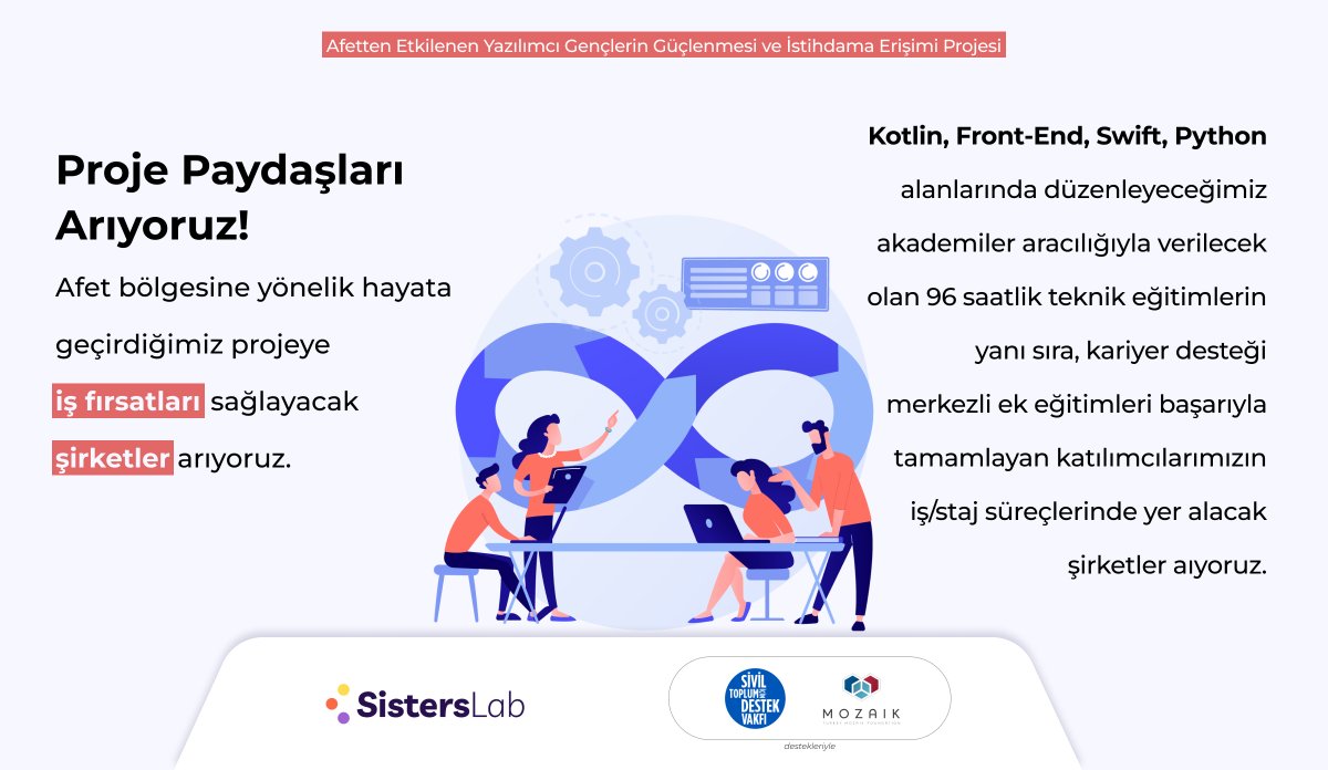 Afetten etkilenen yazılımcı gençlere iş fırsatları sunmak için Proje Paydaşımız olun!

Genç yeteneklerimize iş-staj imkanı sağlayabilir, yaratacağımız değişimin bir parçası olabilirsiniz.

Başvuru için 👇sisterslab.jotform.com/232634104346045

<a href="/destekvakfi/">Sivil Toplum için Destek Vakfı</a> <a href="/turkeymozaik/">Turkey Mozaik Foundation</a>