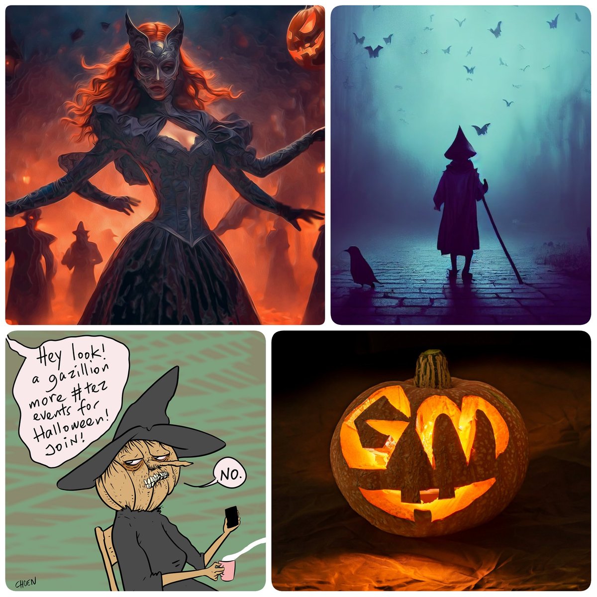 Gm 🧡
Just 4 days to #Halloween2023 

🎃 Share some #Halloween art
Tag friends, RT and support each other
Have fun 

I'll start 

Left up: my work ( Link ⤵️)
Left down: <a href="/ahchoen/">Choen Lee</a>
Right up: <a href="/maheshguild/">Mahesh</a>
Right down: @r_cirakoglu

#SpookyTuna  #TezWizards 
#Fear4Tez