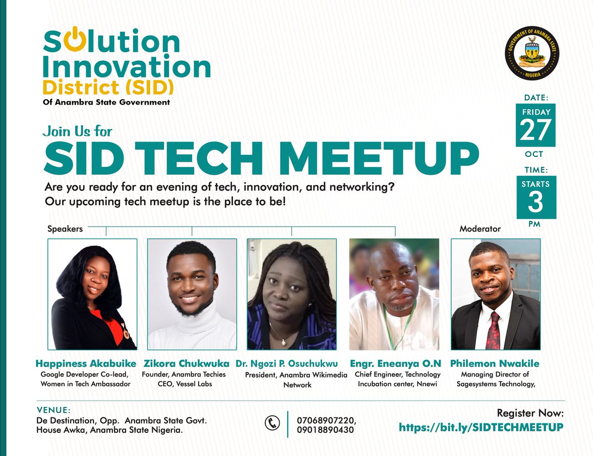 solution_sid's tweet photo. Hope you will be there. 

Make sure to register now to secure your spot: https://t.co/qPn2uyp9R0

Don't miss out! 

See you soon! 

#SolutionInnovationDistrict #SolutionIsHere #SIDTechMeetup #Innovation #TechCommunity #AnambraTech #Networking https://t.co/onsbiHxxW2