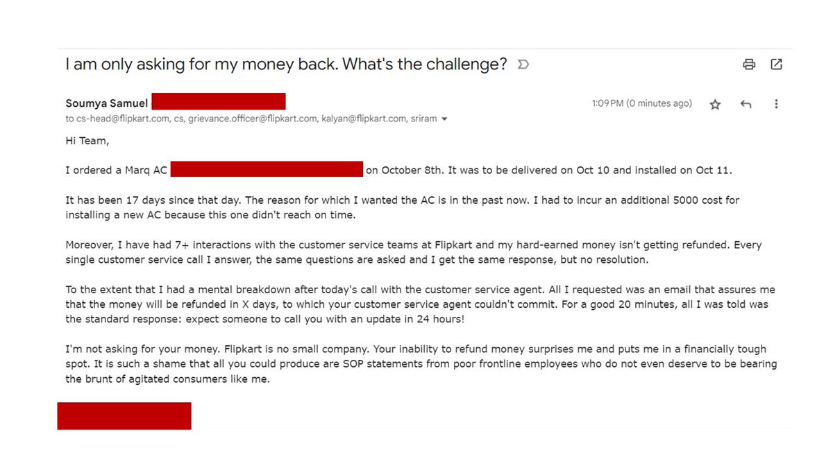 SoumyaSamu50322's tweet photo. Why the delay in refunding money, @Flipkart?

All else can be put aside. To harass a customer by not refunding money is unacceptable. 

This amount of money may mean nothing to you but think from the customer's perspective.

@_Kalyan_K @rajneeeshkumar @flipkartsupport https://t.co/iBVJe9pDqk
