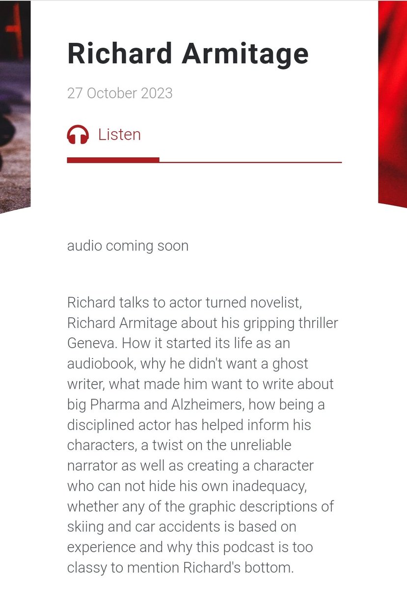 #RichardHerring podcast Book Club n. 69 with #RichardArmitage talking of #Geneva will be online soon.

rhlstp.co.uk/website.cgi?pa…