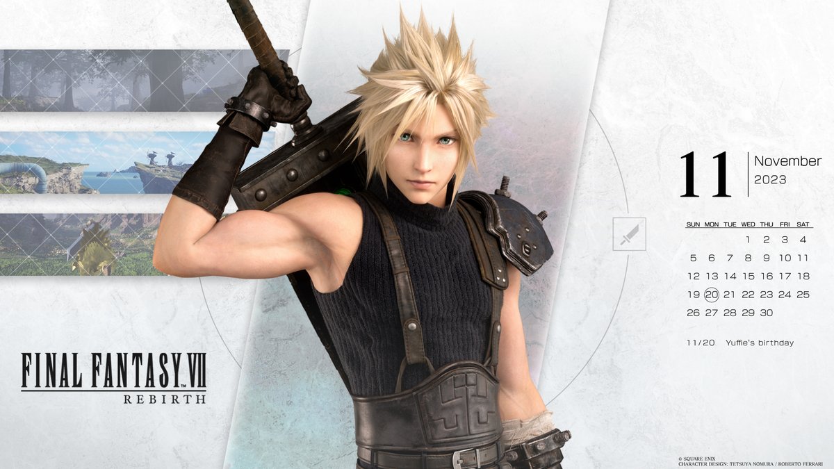 FFVIIR_CLOUD's tweet photo. 今月のPC・スマホ用壁紙カレンダーは、
 『FFVII REBIRTH』の新ビジュアルからクラウドとバレット！☁️🔫
秋を感じる暇なく急に寒くなってきましたね。🍂😖
今年も残りあとわずか！今月も一緒に頑張っていきましょう！🤝✨
#FF7R https://t.co/ZROpOtmYmu