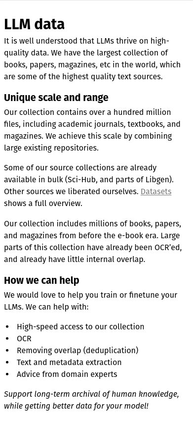 ScienceGeekAI's tweet image. Czy wiesz, że istnieje witryna internetowa zawierająca ponad 500 TB książek i artykułów z czasopism pochodzących z prywatnych źródeł? I dadzą ci to za darmo, abyś mógł trenować #LLM? zwłaszcza jeśli jest to #oprogramowanie typu open source ✨

wiele do przemyślenia ✨