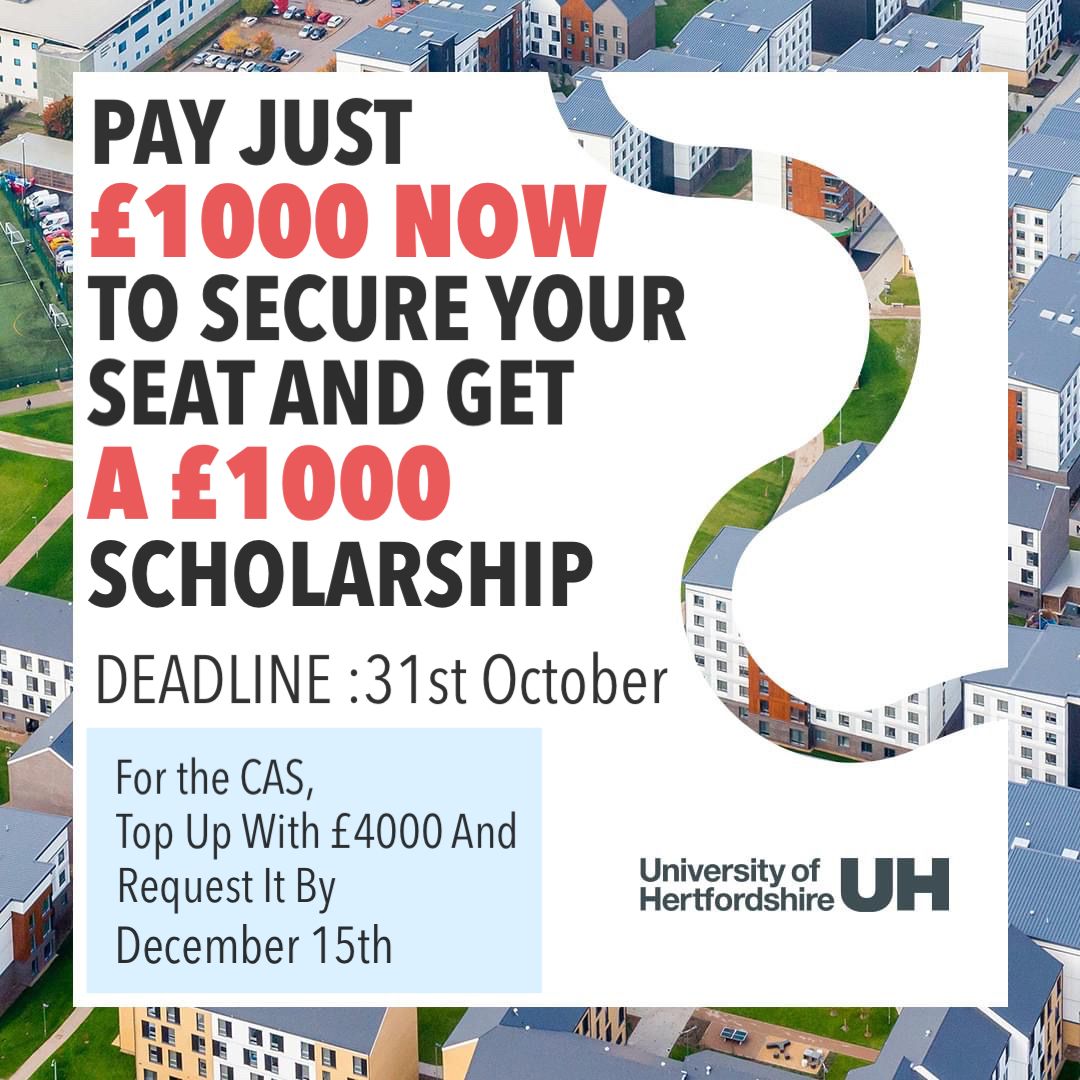 SkillKendra's tweet photo. 🎓Secure your future with the University of Hertfordshire!

Pay just £1000 now to secure your seat and receive a £1000 scholarship. Deadline: 31st October.

Top up with £4000 for a fast-track CAS application by December 15th.
#UHOpportunity #Scholarship #skillkendra https://t.co/v5Sfqmo6ch