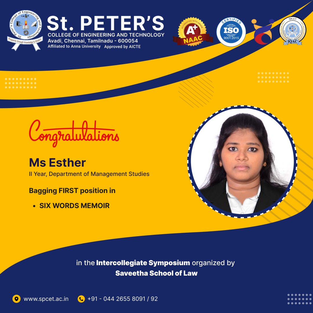 spcetchennai's tweet photo. Proud to Announce...
#congratulations #runner #congrats #spcet #stpeters #bestengineeringcollege #engineeringcollege #chennai #tech4lyf https://t.co/4f7zm9dOyz