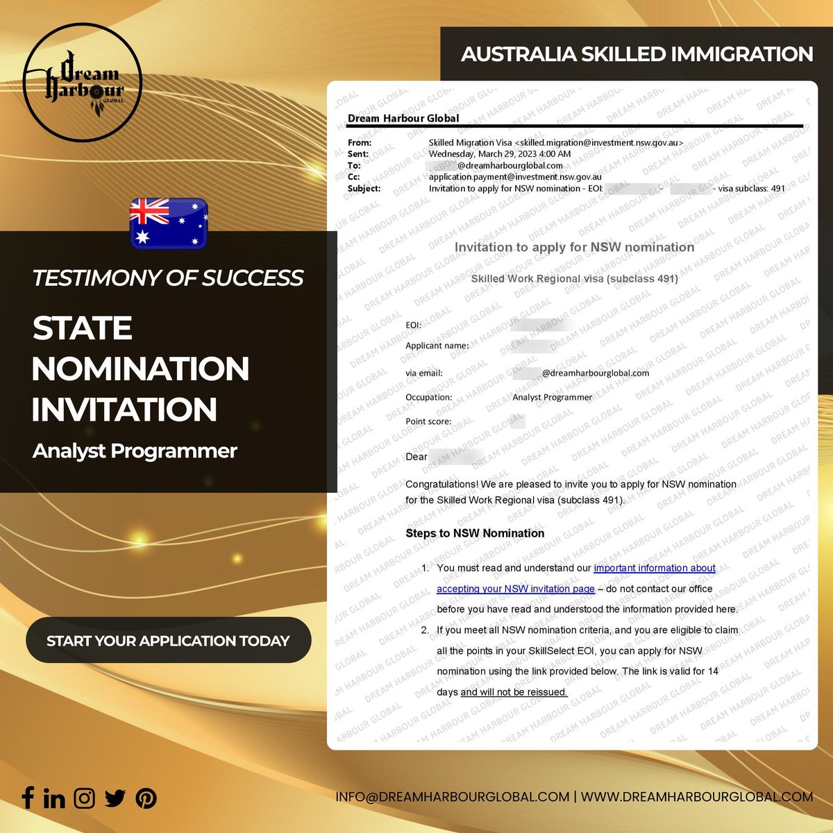 DreamHarbourG's tweet photo. 🎉#Congratulations to our #Australia #Migration client on receiving a #state #nomination #invitation from #NSW in #Qatar for the occupation of #AnalystProgrammer 

Start your application today: https://t.co/d52USrEJx7 

#DreamHarbourGlobal #Doha #Analyst #Programmer https://t.co/AClPWtIAbT