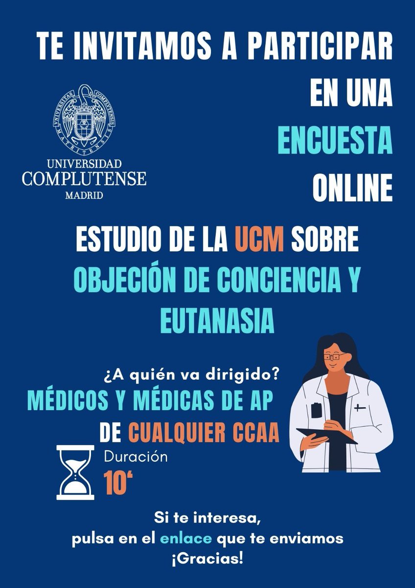 Si eres MEDICA/O de ATENCIÓN PRIMARIA, colabora en una investigación de la Universidad Complutense rellenando este cuestionario sobre objeción de conciencia y eutanasia: forms.gle/gbgK1GXjvhrTbp… 
Y si no lo eres, pero conoces alguna/o, ¡Difunde! ¡Muchas gracias!