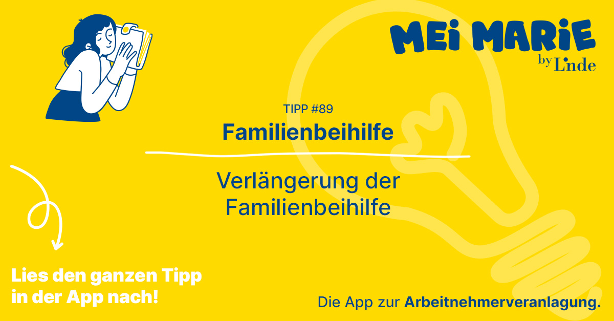 👨‍👩‍👧‍👧Familienbeihilfe verlängern? 

Wie das geht, erfährst du in der App zur Arbeitnehmerveranlagung Mei Marie!
💰Mach die Arbeitnehmerveranlagung mithilfe von Marie - einfacher und schneller als je zuvor! 

Download now: onelink.to/9yg2wq