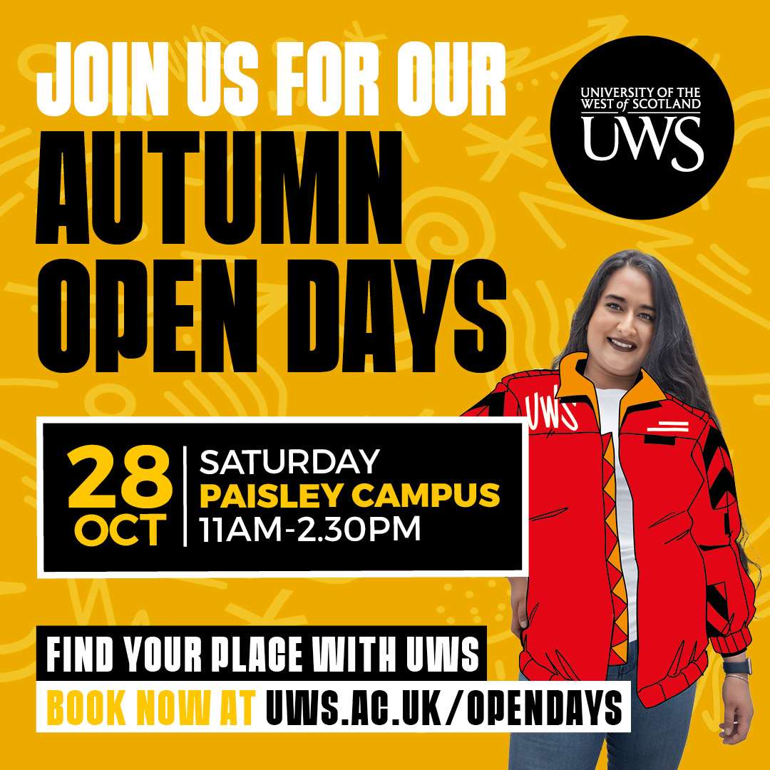 UniWestScotland's tweet photo. TOMORROW! There's still time to sign up for our #OpenDay at our Paisley Campus tomorrow. Join us to explore our courses, chat with students and find out what #LifeAtUWS is all about!

Register at https://t.co/1594gmIcsR https://t.co/OjRFlY4Wyl