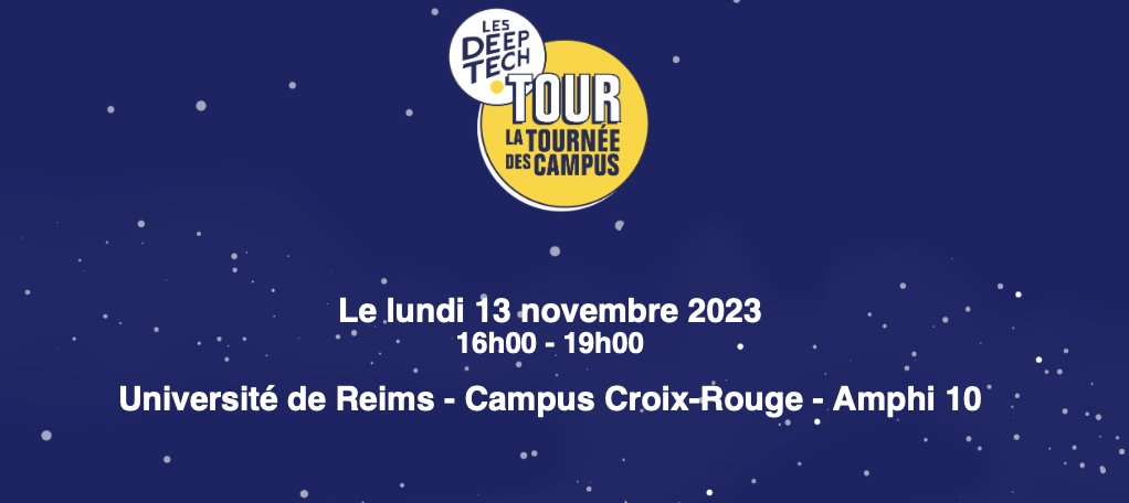 🚗 [DEEPTECH TOUR]

📆 Le 13 novembre 2023 est une date à noter dans votre calendrier, car c'est le jour où la tournée "Les Deeptech 🚀 Tour" fera une escale à #Reims !

🎟 Je m'inscris : bit.ly/3tPn2kM