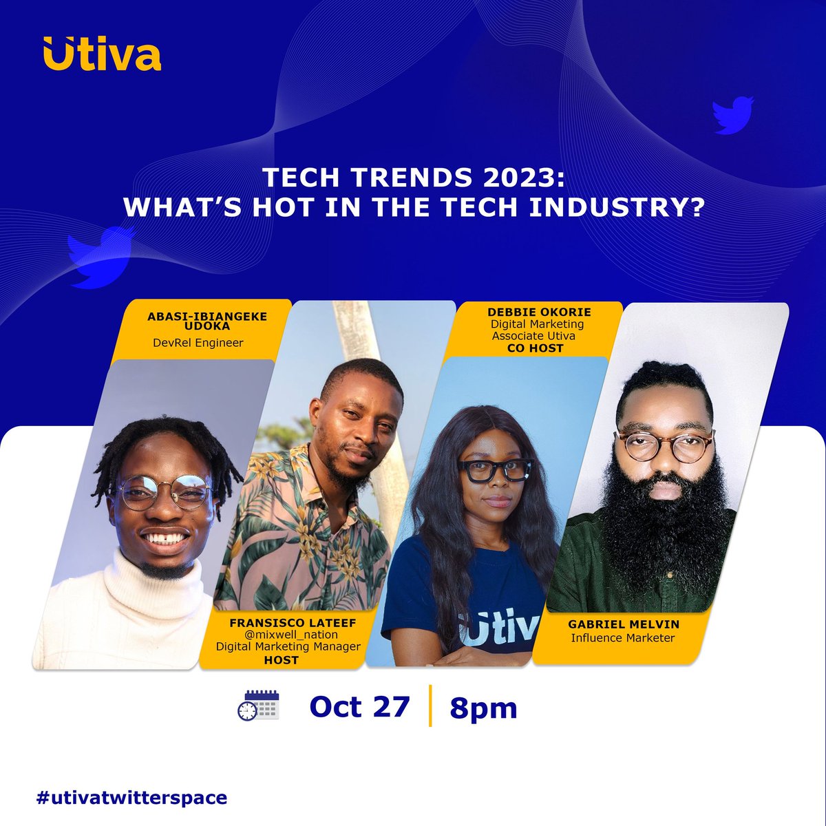 Udoka_AM's tweet image. Exciting news, Join me and @iamBawzcartel for an exclusive #TwitterSpace session with @utiva_io tonight.🔥

We will be diving deep into "WHAT'S HOT IN THE TECH INDUSTRY?"

Bring your burning questions and get ready for an insightful discussion! 

See you there! #Utivatwitterspace