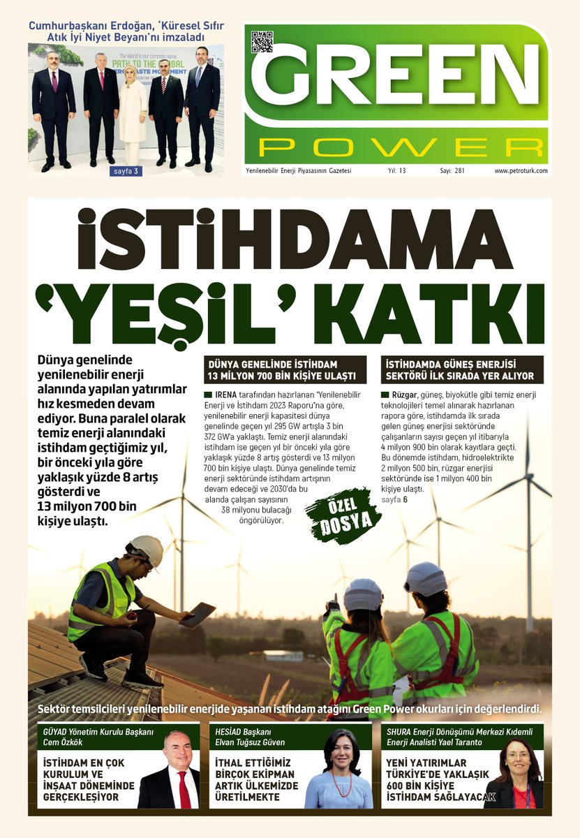 ersnglc's tweet photo. ✅ İSTİHDAMA YEŞİL KATKI
Temiz enerji alanında istihdam dünya genelinde 13 milyon 700 bin kişiye ulaştı. 

✅ Çin, ABD ve AB, sıfır karbon teknolojilerinde küresel zirve yarışında.

✅ Yeşil İklim Fonu taahhütleri 9,3 milyar doları buldu.

Green Power 281. sayımız yayında! https://t.co/wP0wa5zCkg