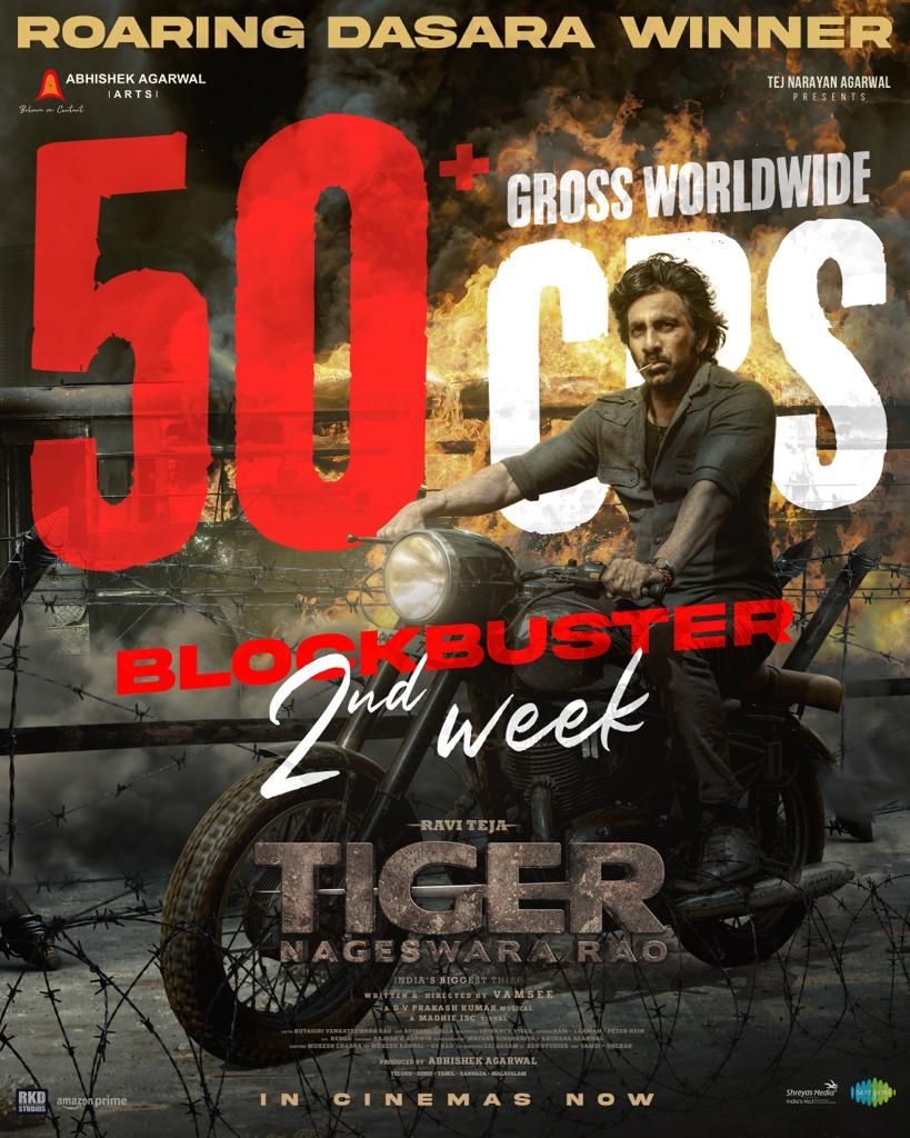 Tolly_Memes's tweet photo. "#TigerNageshwarRao  roars past the 50 Cr milestone, running triumphantly in theaters! 🎭🐅 The success journey continues! 🎉 #TigerNageshwarRao #BoxOfficeMilestone #massmaharajaraviteja https://t.co/WDdvF4HYDM