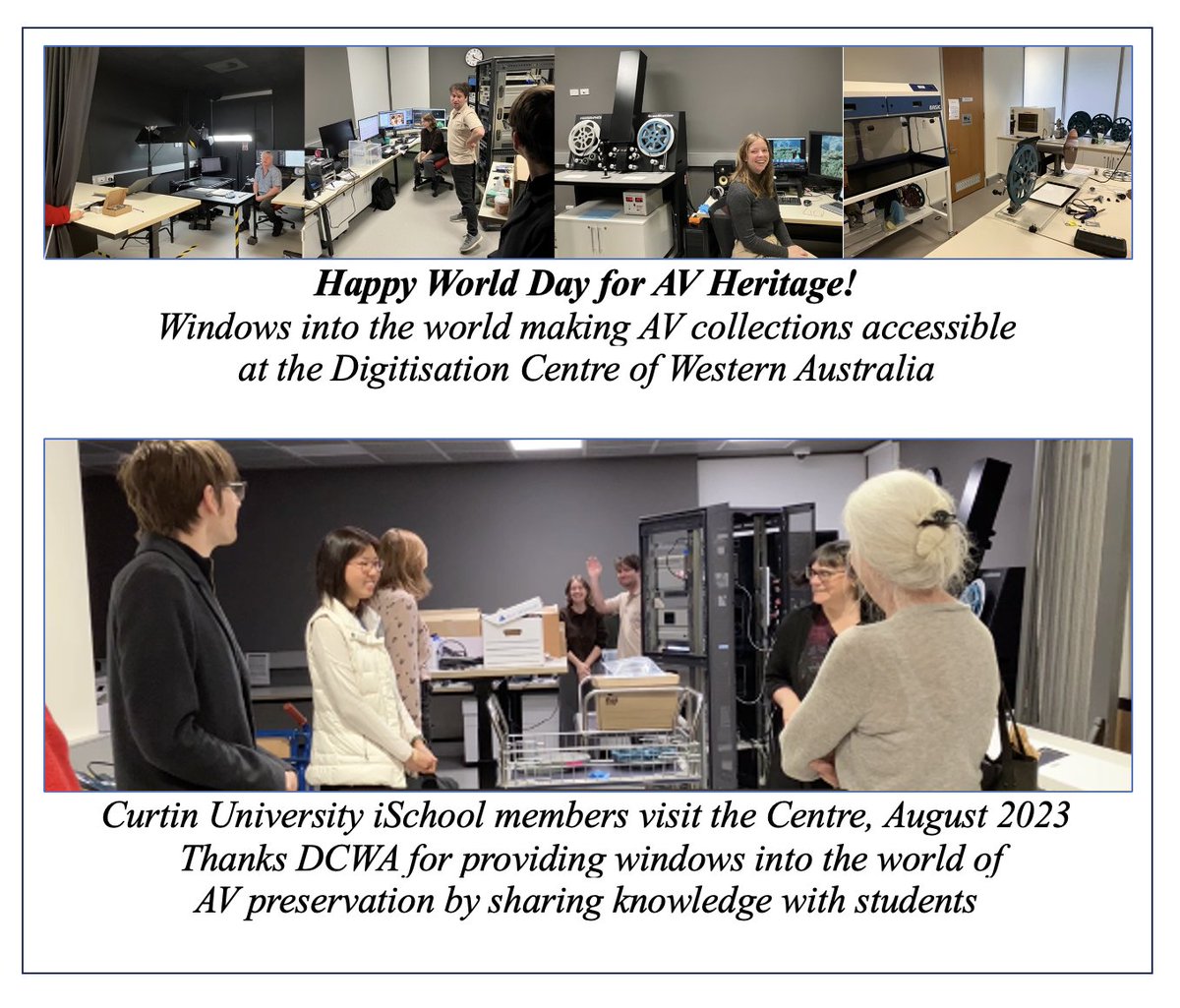 #WDAVH2023   Lots of interesting things out there today for World Day for AV Heritage ... <a href="/uwanews/">UWA</a> <a href="/Curtin_MCASI/">CurtinMCASI</a> Curtin iSchool colleagues visited the WA Digitisation Centre earlier this year. WADC is an awesome collaboration between universities in Perth and cultural orgs ...