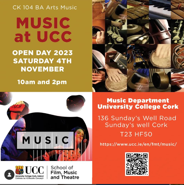 Department of Music Open Day 🎶 🎵Department of Music, Sunday's Well Road 🎵 Sat 4th Nov, 10am and 2pm Learn more about undergraduate music programmes at UCC. Meet staff and students, enjoy musical performances and see our facilities. Register today ⬇️ucc.ie/en/fmt/music/p…