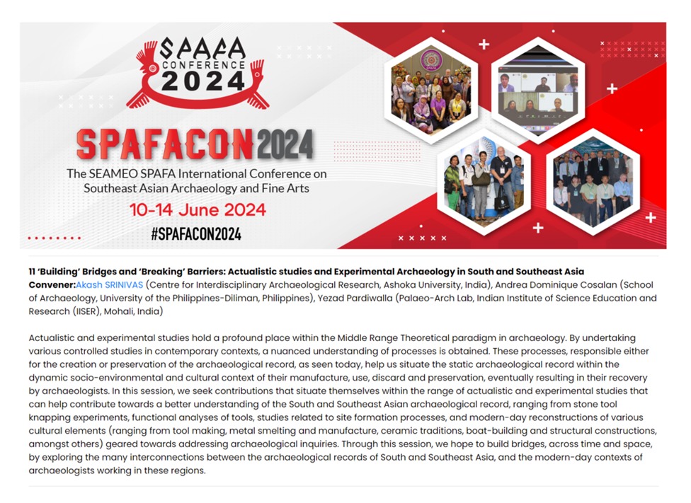 We invite you to submit abstracts and participate in our session on #ExperimentalArchaeology and actualistic studies in #SouthAsia and #SoutheastAsia during SPAFACON2024 in Bangkok, Thailand (10-14 June '24) Link to submit abstracts: seameo-spafa.org/spafacon2024/c… #Archaeology