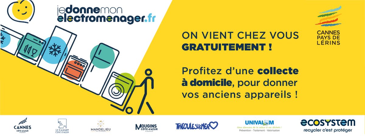 ♻️ Depuis septembre, il désormais possible sur le territoire #CannesLérins de faire collecter, gratuitement et à domicile, le gros électroménager dont vous souhaitez vous défaire, grâce au dispositif 'Je donne mon électroménager'. Plus d'infos 👉 cannespaysdelerins.fr/index.php/info…