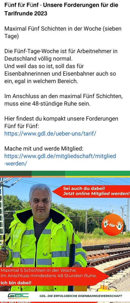 𝗙ü𝗻𝗳 𝗳ü𝗿 𝗙ü𝗻𝗳 - 𝗨𝗻𝘀𝗲𝗿𝗲 𝗙𝗼𝗿𝗱𝗲𝗿𝘂𝗻𝗴𝗲𝗻 𝗳𝘂̈𝗿 𝗱𝗶𝗲 𝗧𝗮𝗿𝗶𝗳𝗿𝘂𝗻𝗱𝗲 𝟮𝟬𝟮𝟯

Maximal Fünf Schichten in der Woche (sieben Tage)

gdl.de/ueber-uns/tari…

Mache mit und werde Mitglied:
gdl.de/mitgliedschaft…