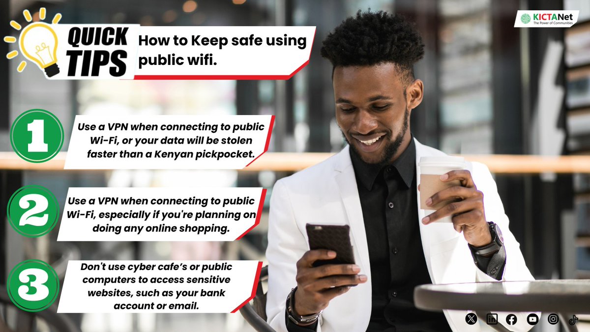 KICTANet's tweet photo. 🔐 Stay cyber-safe this weekend!  As we head into the weekend, a friendly reminder to protect your digital privacy: always use a secure connection, especially on public Wi-Fi networks. Shield your data, surf smart, and enjoy worry-free browsing! #CybersecurityAwarenessMonth 

^NM https://t.co/eT9BcPUEWx