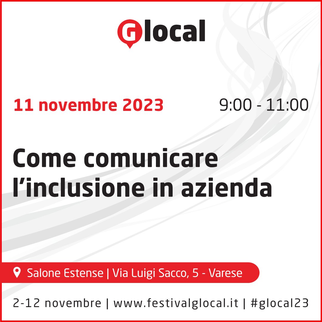 Sabato 11 novembre, ore 9:00, Salone Estense
Diversità ed inclusione sono due valori fondamentali per le aziende 
A #glocal23 con <a href="/DanieleRegolo/">Daniele Regolo</a> <a href="/giovissi/">Silvia Giovannini</a> <a href="/Cionfry/">Davide Cionfrini</a> Camilla Buttà
festivalglocal.it/incontro/come-…