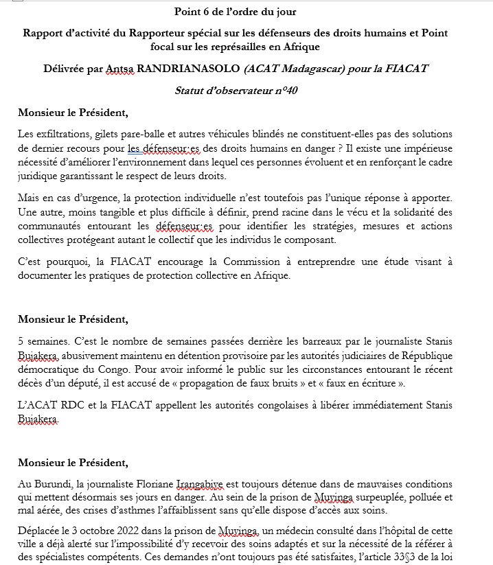 FIACAT_org's tweet photo. ⚖️#ACHPR77 | #HRD

🗣️Pendant la #77OSACHPR, la #FIACAT a porté une déclaration mettant en avant l'importance d'entrevoir la protection des #DDH sous un angle plus collectif, elle évoque la situation des journalistes #FreeStanis et Floriane Irangabiye

👉https://t.co/W6pKRoVati https://t.co/9zOEfdWhmW