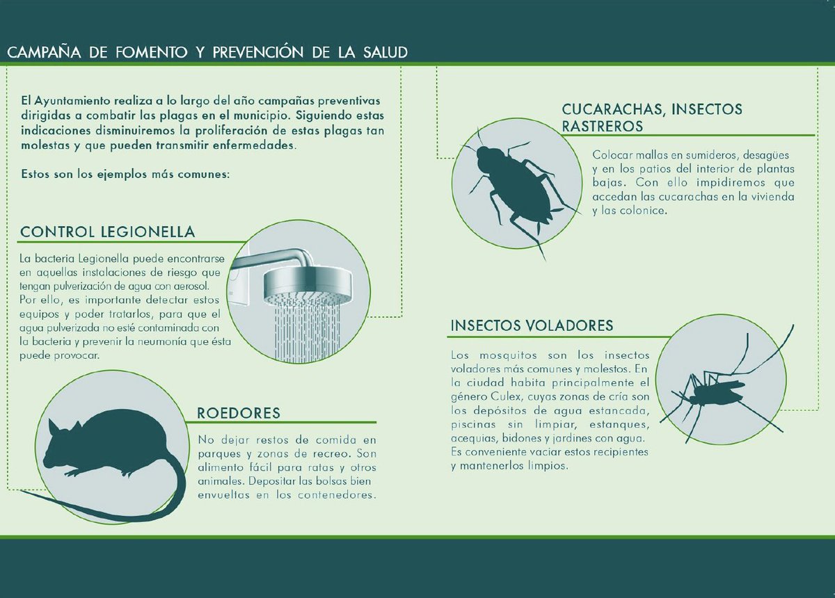 PedralbaAyto's tweet photo. 🟢 Campaña de fomento y prevención de la salud.

ℹ El Ayuntamiento realiza a lo largo del año campañas preventivas para combatir las plagas en el municipio. Siguiendo estas indicaciones disminuiremos la proliferación de estas plagas molestas y transmisoras de enfermedades. https://t.co/oRTE63oK0t