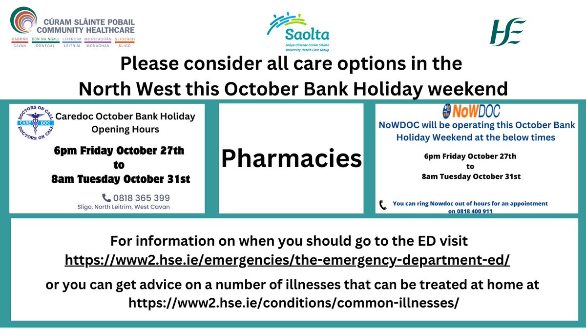 HSE CH CDLMS (@hsecommhealth1) on Twitter photo This October Bank Holiday weekend, Health Services across CH CDLMS are asking people to explore all avenues of care before presenting at A&E <a href="/HSELive/">HSE Ireland</a> @saoltagroup <a href="/sligococo/">Sligo County Council</a> <a href="/donegalcouncil/">Donegal County Council</a> <a href="/leitrimcoco/">Leitrim County Council</a> <a href="/OceanFmIreland/">OceanFM Ireland</a> <a href="/highlandradio/">Highland Radio</a> <a href="/shannonsidenews/">Shannonside FM News</a> This October Bank Holiday weekend, Health Services across CH CDLMS are asking people to explore all avenues of care before presenting at A&E <a href="/HSELive/">HSE Ireland</a> @saoltagroup <a href="/sligococo/">Sligo County Council</a> <a href="/donegalcouncil/">Donegal County Council</a> <a href="/leitrimcoco/">Leitrim County Council</a> <a href="/OceanFmIreland/">OceanFM Ireland</a> <a href="/highlandradio/">Highland Radio</a> <a href="/shannonsidenews/">Shannonside FM News</a>