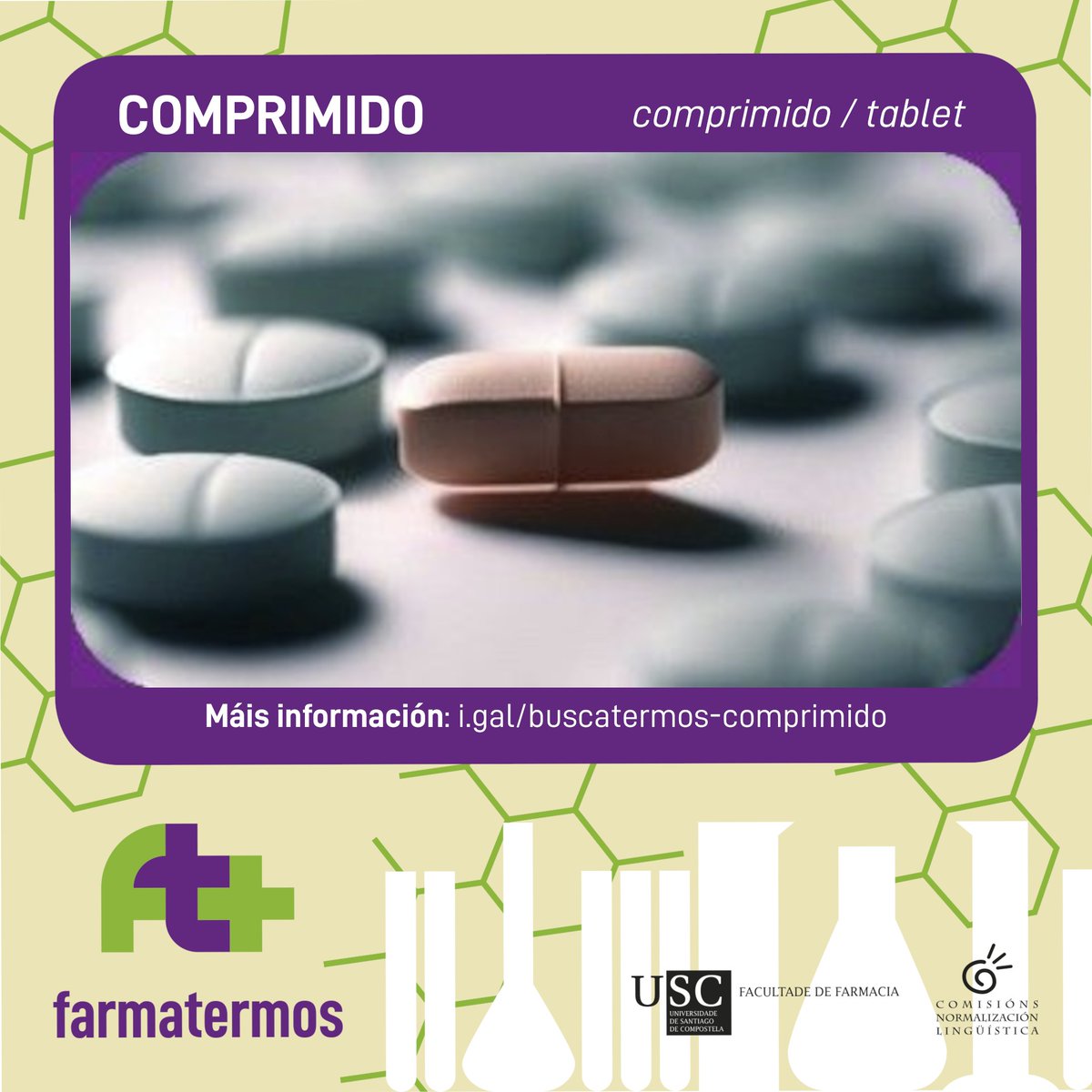 A CNL de <a href="/Farmacia_USC/">Facultade Farmacia USC Oficial</a> acaba de lanzar #farmatermos, terminoloxía farmacéutica en imaxes.
Imos ver os nomes das formas farmacéuticas máis habituais, e ampliar información en #buscatermos.
Deamos a coñecer os nomes dos #fármacos #engalego! 
<a href="/RealAcadFarmGal/">Real Academia Farmacia Galicia</a> <a href="/UniversidadeUSC/">USC</a>