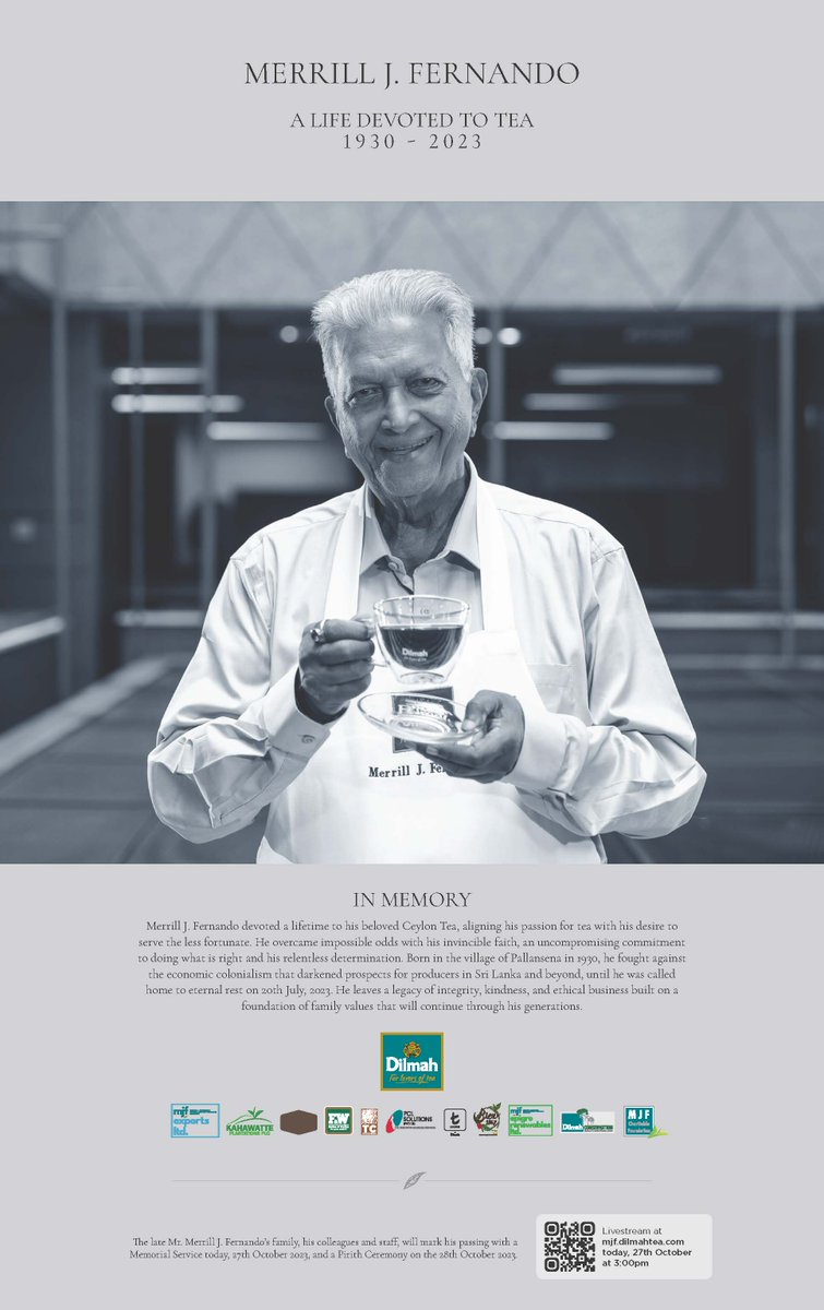 This afternoon we mark three months since the passing of our beloved father/grandfather and Founder of Dilmah. The traditional Memorial Service will be livestreamed at mjf.dilmahtea.com.