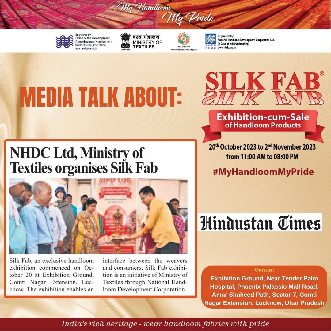 Media Talk About The SilkFab Exhibition in Lucknow, where art comes to life! 

Join us till 2nd Nov, 11AM to 8PM, at Exhibition Ground, Gomti Nagar Extension, Lucknow.

#sareeaddict #MyHandloomMyPride #ChanderiSaree #SilkFabExhibition #IndianElegance #silkfab #indiantextiles