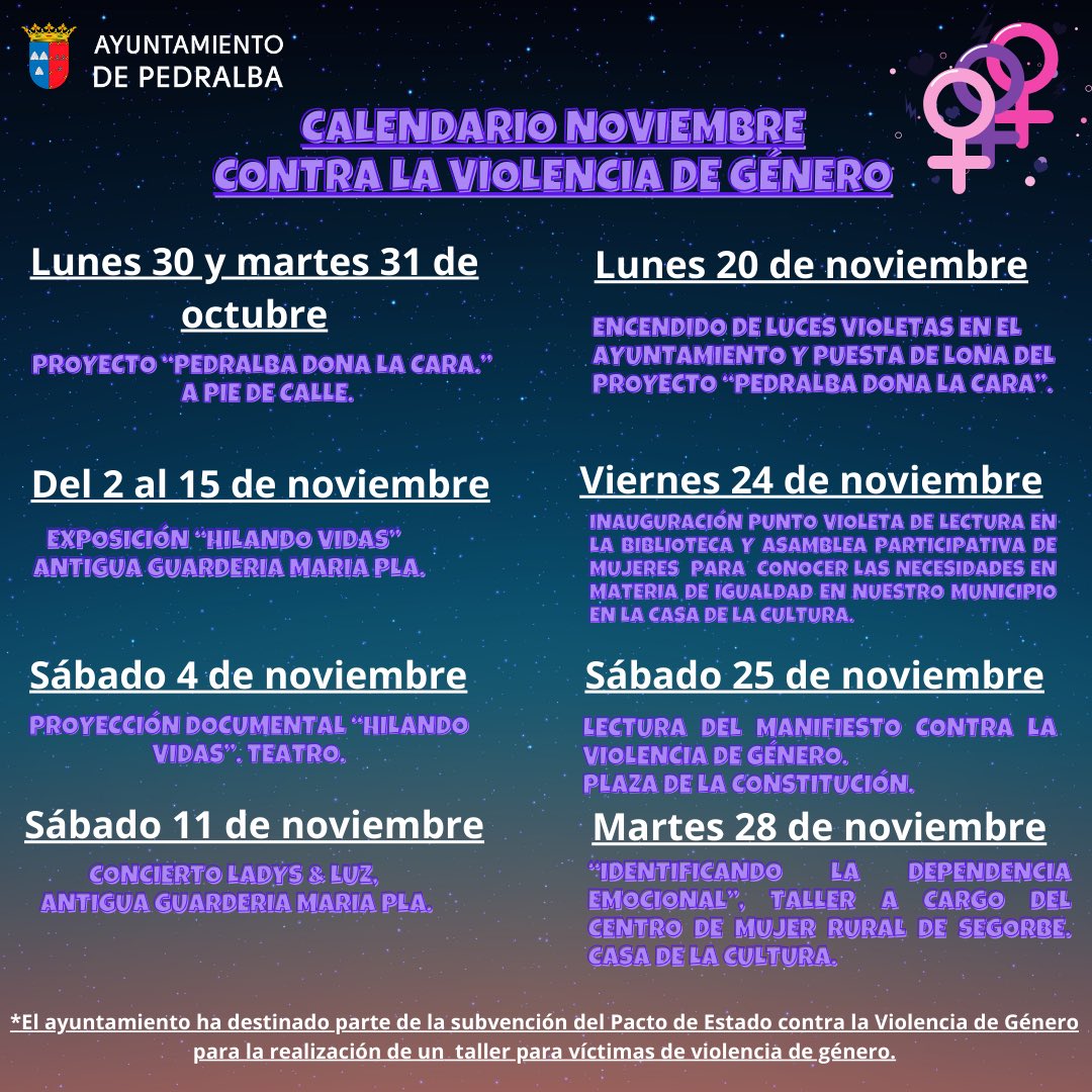 PedralbaAyto's tweet photo. 🟣 La concejalía de igualdad del ayuntamiento de Pedralba informa que ha preparado para el mes de noviembre, con motivo del Día Internacional en contra de la violencia de género, una serie de actividades y eventos para reivindicar esta lucha. https://t.co/BMtKBVqm7d