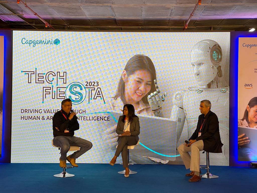 CapgeminiIndia's tweet photo. Unfurling the future of the Consumer Products &amp; Retail sector at the #TechFiesta2023 finale in Bengaluru, Deena Dayalan. K, Head -Digital Operations &amp; Operational Excellence, Kimberley Clark Corporation, emphasizes the role generative AI plays towards an efficient data ecosystem. https://t.co/gcz85r4SrY