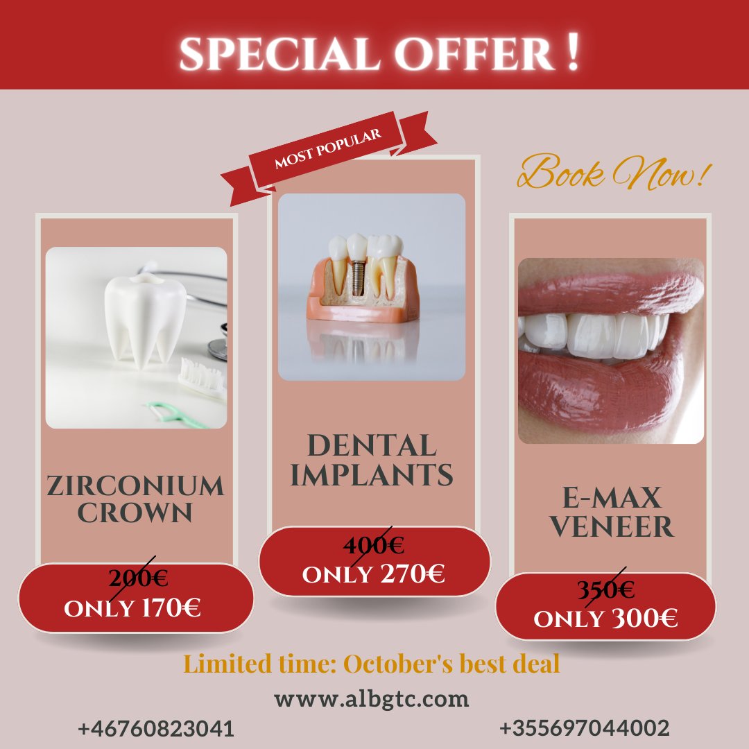 SPECIAL OFFER 
Get your offer and book now !
albgtc.com

#albgtc #dentistry #offers #booknow #implants #veneers #zirconiumcrown