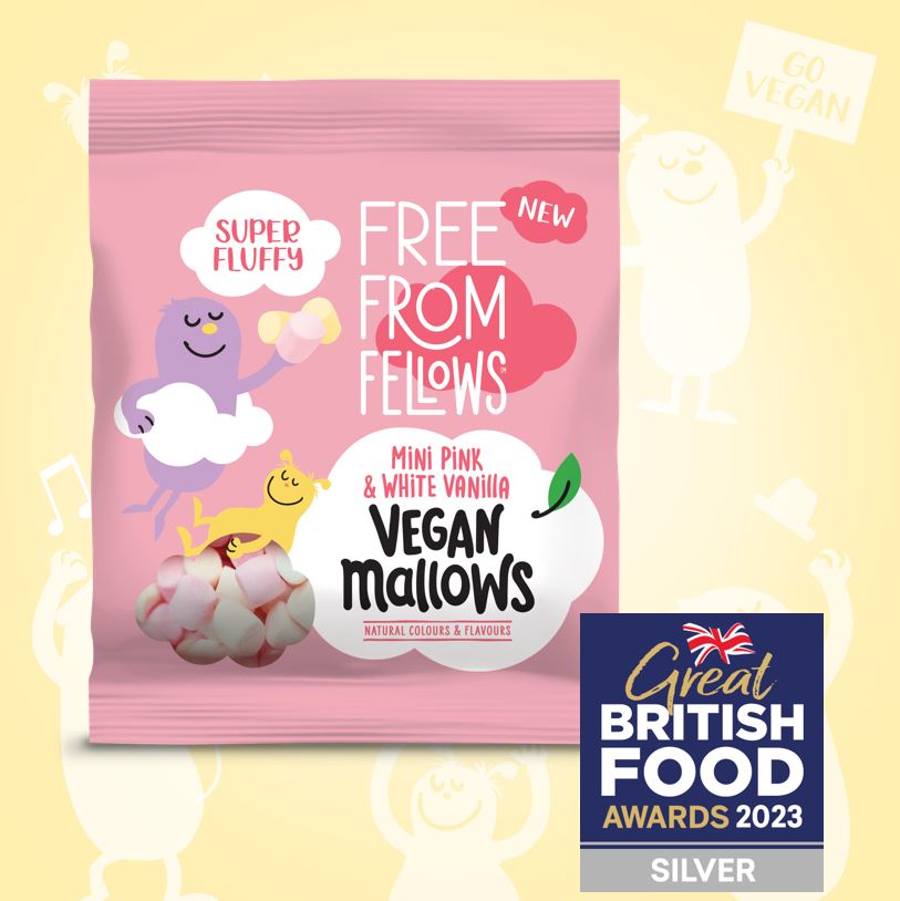 SILVER for Free From Fellows Vegan Mini Mallows which are free from the top 14 allergens. #numberoneveganmarshmallows #bestsellingveganmarshmallows #vegan #vegansweets #vegetarian #sweets #mallows #marshmallows #veganmallows #veganmarshmallows #vegansnack #greatbritishfoodawards