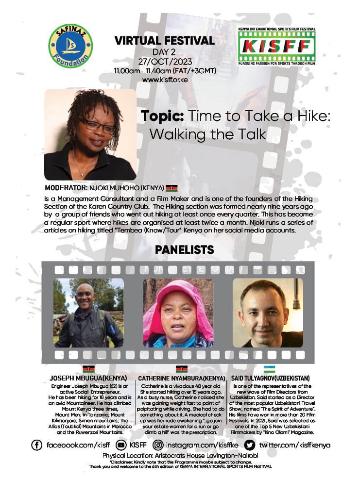 kisffkenya's tweet photo. Step into the conversation with our our virtual panel discussion: Time to Take a Hike; Walking the Talk.
Livestream here: https://t.co/ZjzoZMYnoY
#KISFF #Sports #Film #Sportsfilm #events #IOC #SportsFilmFest #Sportlife https://t.co/wNw71tICtV