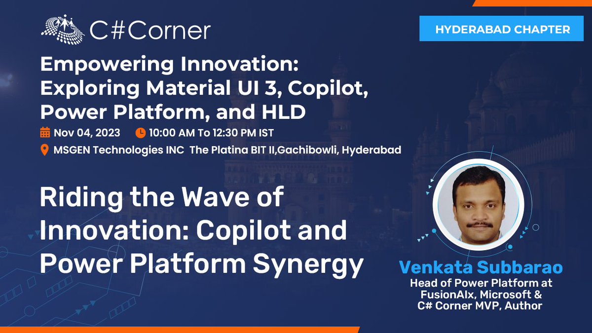 CsharpCorner's tweet photo. Dive into the world of Copilot and Power Platform Synergy at the @CsharpCorner Hyderabad Chapter Meet on November 4! Join @Venkata48681009 for an insightful session you won't want to miss. See you there!
Register now: https://t.co/qJwAKoQoRG
#HyderabadChapter #TechnoGen #MSGen #PowerPlatform #Copilot