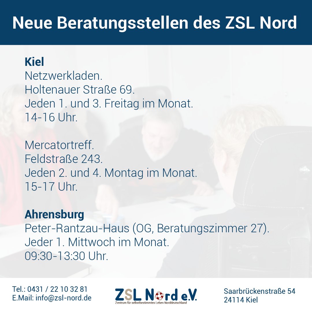 zslnord's tweet image. ! ! ! Unsere neuen Beratungsstellen ! ! ! 

Wir haben nun die Möglichkeit, Sie in drei weiteren Beratungsstellen zu beraten. 
Kommen Sie gerne zu den unten angegebenen Sprechzeiten vorbei. 

Wir freuen uns auf Sie.

#zslnord #eutb #peercounseling #kiel #ahrensburg #behinderung