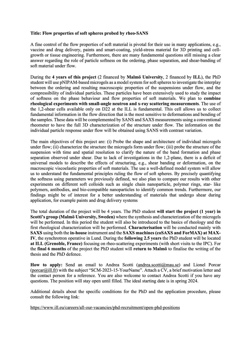 AndreaScotti (@andreascotti86) on Twitter photo The applications for the PhD position between my group, now at Malmö University, and <a href="/ILLGrenoble/">Institut Laue-Langevin</a> are re-open. We will study the flow of soft spheres, using the state-of-the-art of shear cells, neutron and x-ray scattering. The position will stay open until filled. Please RT. The applications for the PhD position between my group, now at Malmö University, and <a href="/ILLGrenoble/">Institut Laue-Langevin</a> are re-open. We will study the flow of soft spheres, using the state-of-the-art of shear cells, neutron and x-ray scattering. The position will stay open until filled. Please RT.