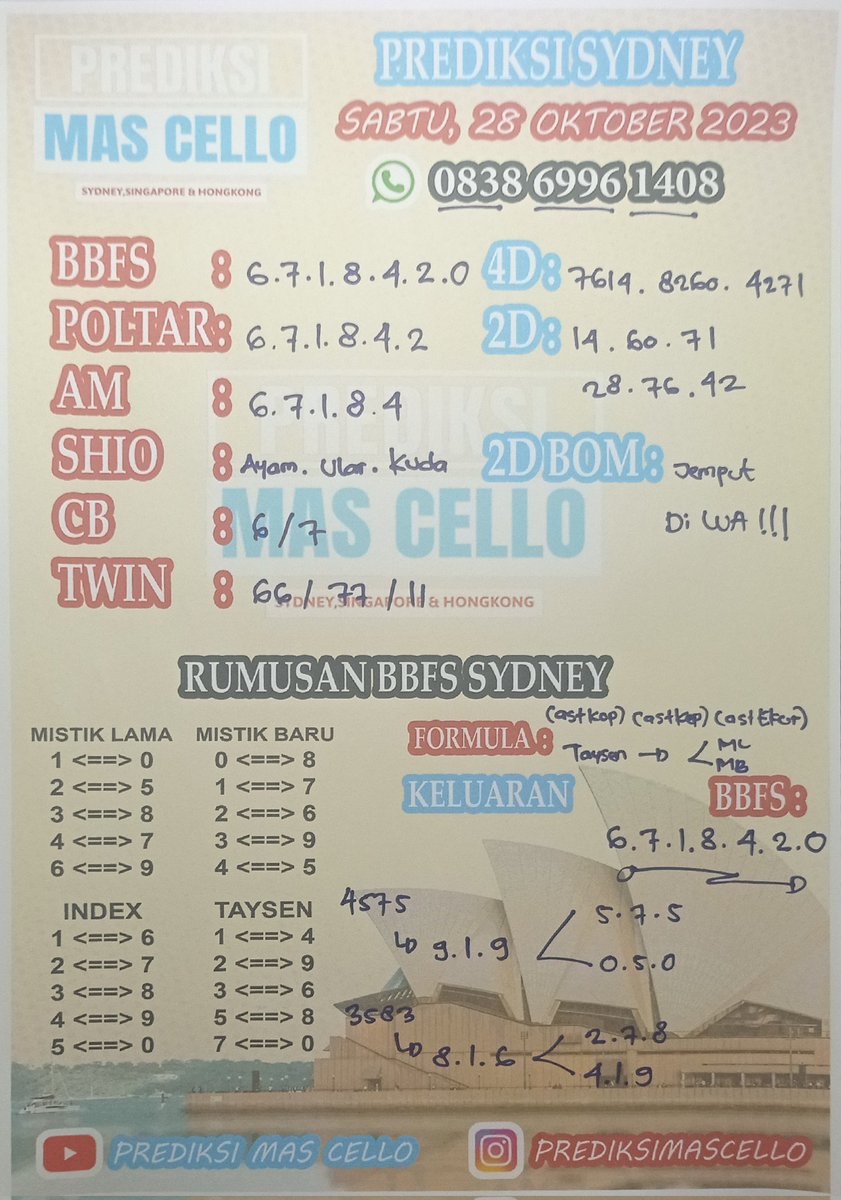 prediksimas's tweet photo. PREDIKSI SYDNEY SABTU 28 OKTOBER 2023  dan angka lain bisa jemput di WA 0838 6996 1408 GRATIS #bbcqt #crymua #EnglandCricket #Sydney #Bocoransyd #Angkajitu #Togelsyd #prediksitogelsyd #rumusanjitu #Togelonline #prediksitoge #pastijp https://t.co/fEI1dqyfha