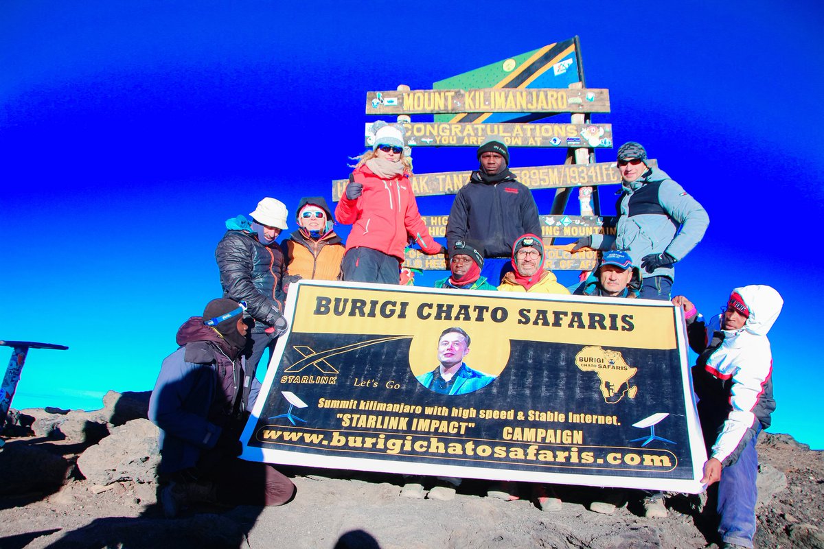 Burigisafaris's tweet photo. @ElonMuskAOC 🌍Proud of our incredible clients who conquered Mount Kilimanjaro to support the Starlink Impact in Africa! 🛰️ Bringing the power of #Starlink to this majestic peak for easier communication, bridging the gap and making a world of difference. 🌐📡 #ConnectivityMatters #Kilimanjaro https://t.co/wuSVJ8m6bD
