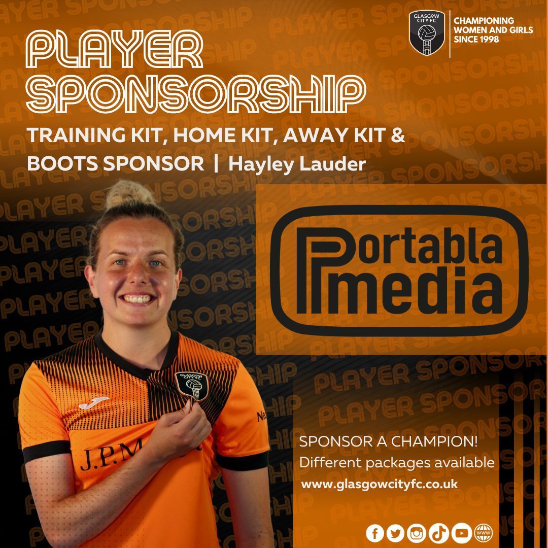 GlasgowCityFC's tweet photo. 🧡𝗣𝗟𝗔𝗬𝗘𝗥 𝗦𝗣𝗢𝗡𝗦𝗢𝗥𝗦𝗛𝗜𝗣 🖤 

@HayleyLauder 🤝 @PortablaMedia 

Once again the perfect sponsor partnership! 

Want to sponsor a champion? ➡ https://t.co/IFr2Aldz8J https://t.co/3DWbUHtTfx
