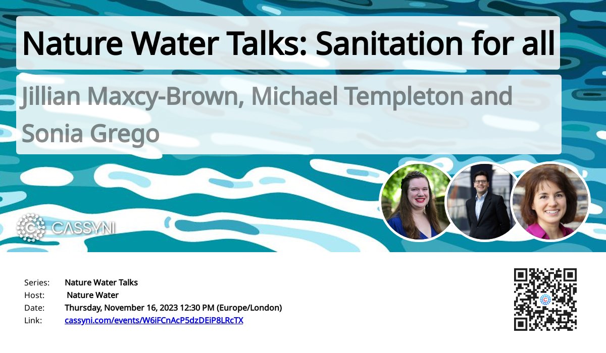 As #WorldToiletDay2023 approaches, we'll talk about the challenges in providing  safe #sanitation for all with three experts. Join or #NatureWaterTalks event on 16th November. Register for free at 
cassyni.com/events/W6iFCnA…
or 
springer.zoom.us/meeting/regist…