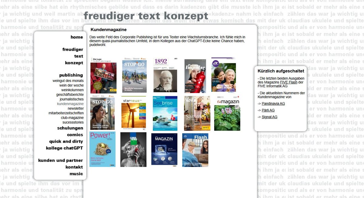 JuergFreudiger's tweet photo. In letzter Zeit sind bei mir neue Arbeiten für Websites hinzugekommen. Sie finden sich hier: https://t.co/f0qarZifck
Auch Kundenzeitschriften gehören nach wie vor zu meinen wichtigsten Arbeiten: https://t.co/ho7qQpITqr
Aufträge dieser und anderer Art jederzeit höchst willkommen! https://t.co/UYcGRVNJrC