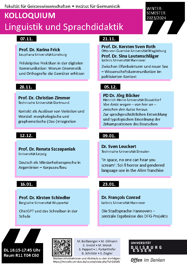 Am 7.11. startet das Kolloquium Linguistik und Sprachdidaktik an der #unidue. Los geht's mit @karina_frick . Das Programm und weitere Infos unter: uni-due.de/germanistik/li…