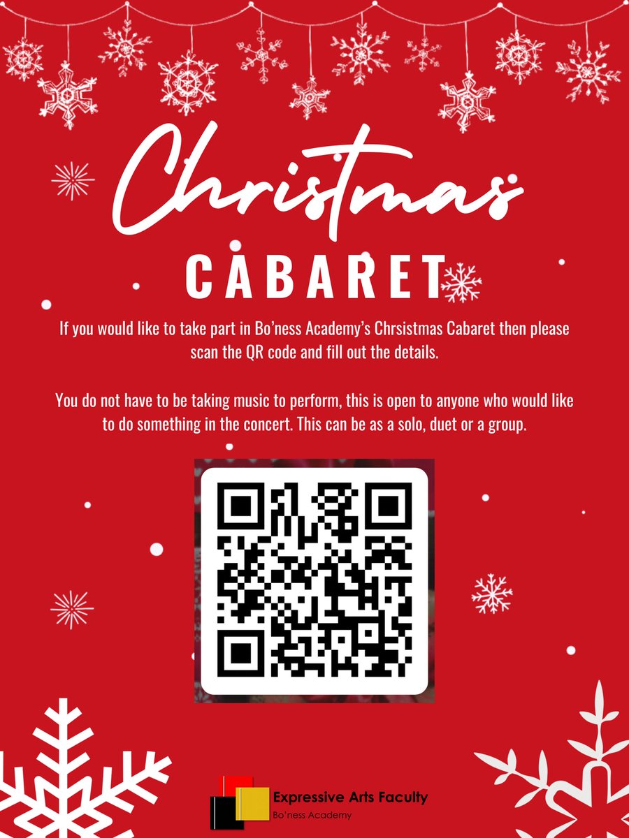 ✨CHRISTMAS CABARET ✨

Calling all performers, musicians and artists! We are looking for acts for our brand new Christmas Cabaret. If you would like to participate scan the QR code and fill out the form by Friday 3rd November. <a href="/Boness_Academy/">Bo'ness Academy</a>